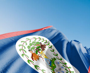 Wall Mural - Belize national flag cloth fabric waving on beautiful sky Background.