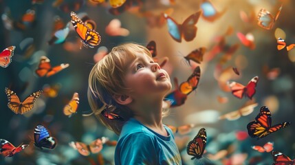 Wall Mural - A Young Child Gazes Upward Among a Colorful Swarm of Butterflies in a Lush Garden