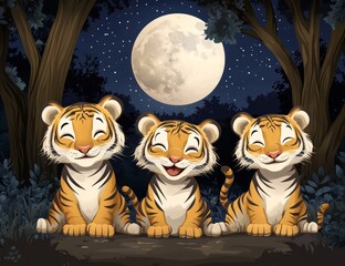 Poster - The nighttime scene of tigers in the jungle illustration