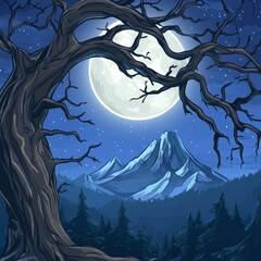 Wall Mural - Illustration of an old tree in the night and the full moon in the background