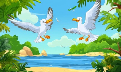 Wall Mural - Seagulls flying over the sea or lake