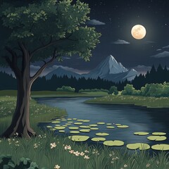 Wall Mural - At night, a tropical landscape features a river and a mountain