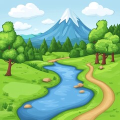 Wall Mural - Illustration of forest with river and many trees in the background