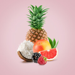 Wall Mural - exotic fruits on a light pink background