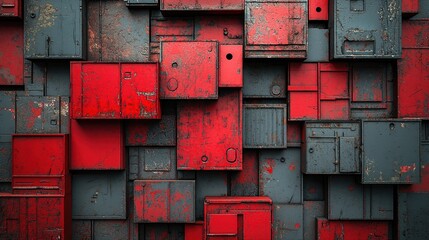 Wall Mural - an artistic arrangement of red and gray boxes with a textured surface, creating a modern and abstrac