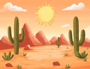 Wall Mural - A desert landscape with cactuses and mountains in the background