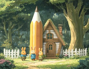 Poster - This cute illustration shows three rabbits in front of a farm