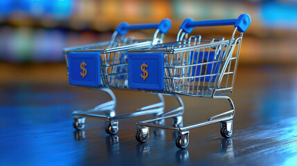 Two shopping carts with dollar signs, ideal for showcasing retail, commerce, or financial themes in a modern setting.