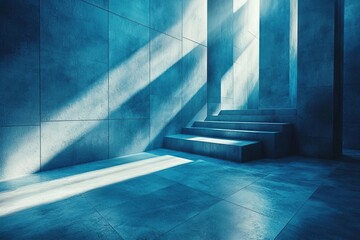 Wall Mural - a serene blue interior featuring textured walls and dramatic light beams illuminating a set of steps