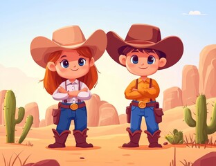 Wall Mural - Desert cowboys and cowgirls in a cartoon illustration