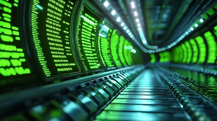 Canvas Print - futuristic tunnel with glowing green data displays, creating an immersive digital environment for te