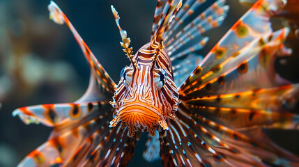 Lionfish with vibrant colors and venomous spines swimming gracefully through the ocean depths.