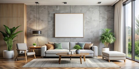 Modern living room interior with a single blank mock up canvas wall decor , home wall art