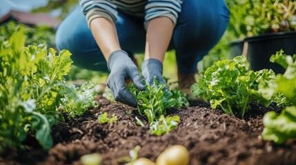 Gardeners working in an organic vegetable garden, planting new seeds and tending to growing plants. The garden is full of life and healthy produce