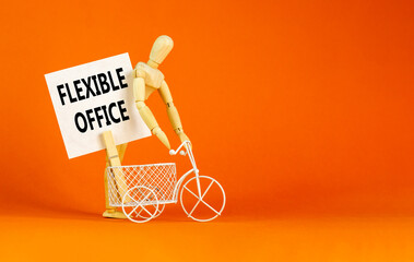 Flexible office symbol. Concept words Flexible office on beautiful white paper on wooden clothespin. Beautiful orange background. Bike model. Business Flexible office concept. Copy space.