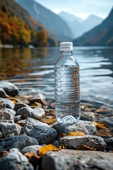 glass water bottle on a rocky shore with a serene lake and mountains in the background, fresh and tr