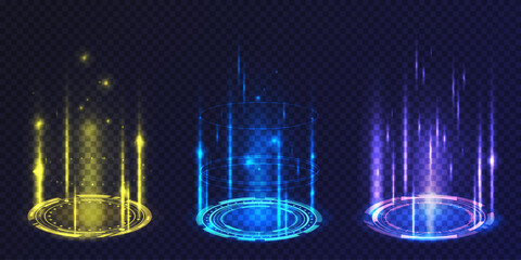 Set of vector portal or magic podium effect. Round or circle teleport. Glowing hologram or vortex with ray. Shining sci fi element. Ring for game level up effect. Isolated light. Platform beam
