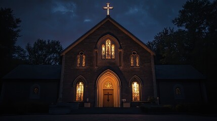 The exterior of a Roman Catholic church at night, illuminated by soft lighting.