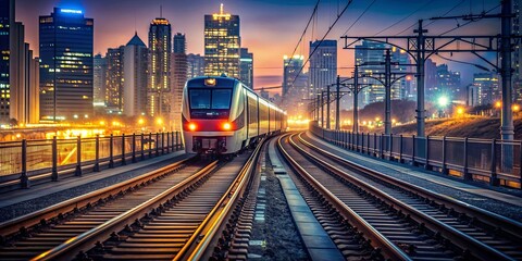 Train traveling through the night with city lights in the background, train, night, traveling, transportation