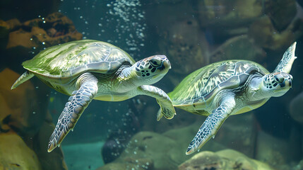 Two majestic green sea turtles glide gracefully through the ocean depths, swimming side by side.