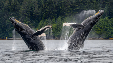 Two humpback whales leap from the water in perfect synchrony, captured mid-breath by photographer.