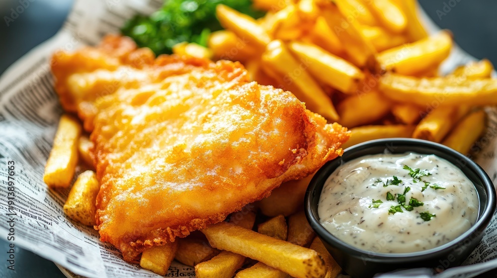 A close-up shot of a traditional fish and chips meal with crispy golden ...