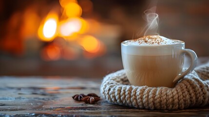 Canvas Print - Cozy Cappuccino Moment with Fireplace in the Background Warm and Inviting Coffee Drink Concept