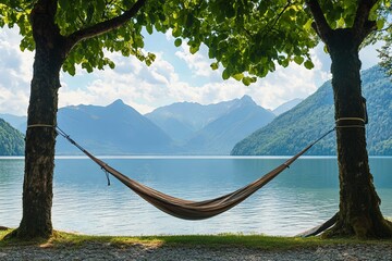 A hammock is hanging between two trees by a lake