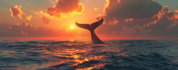 Wall Mural - Majestic whale tail emerging from the water at sunset, 4K hyperrealistic photo