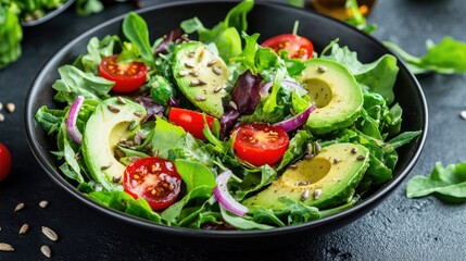 Bowl of mixed green salad with avocado slices, cherry tomatoes, red onions, and a sprinkle of sunflower seeds, a perfect healthy meal.