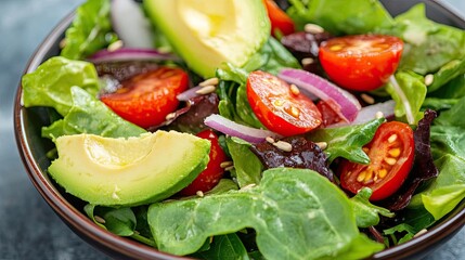 Bowl of mixed green salad with avocado slices, cherry tomatoes, red onions, and a sprinkle of sunflower seeds, a perfect healthy meal.