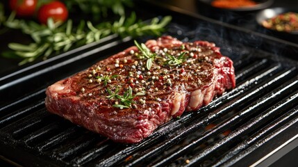 Juicy beef steak on a grill, surrounded by fresh herbs and a selection of spices, ready to be cooked to perfection.