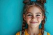 © furyon - joyful schoolgirls portrait radiant smile against azure background youthful exuberance captured education and learning symbolized in vibrant color palette