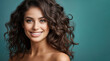 © Damian - Radiant Young Caucasian Woman with Luscious Curly Brown Hair and a Bright Smile on a Teal Background. Charm, Youth, Vibrance
