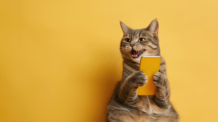 Funny gray tabby cat holding smartphone on yellow background