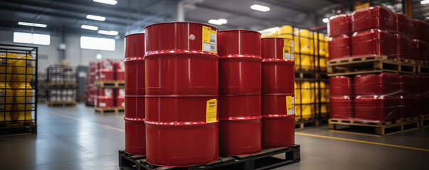 Wall Mural - Red metal barrels stacked on wooden pallet in warehouse