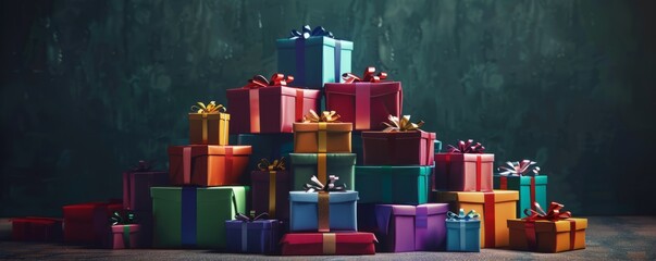 Stack of colorful gift boxes, 4K hyperrealistic photo