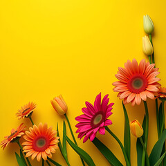 Canvas Print - Vibrant and cheerful floral arrangement on a yellow background , bright, cheerful, flowers, yellow, vibrant, colorful, spring