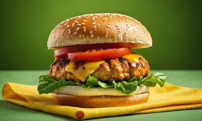 Close-up of a cheeseburger with lettuce and tomato on a yellow napkin