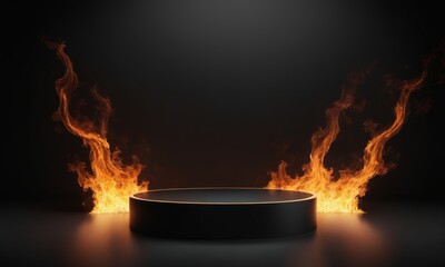 Wall Mural - Black podium with fire on a dark background