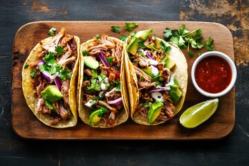 Wall Mural - mexican pork carnitas tacos flat lay composition , ai