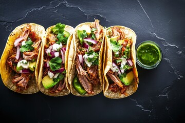 Wall Mural - mexican pork carnitas tacos flat lay composition , ai