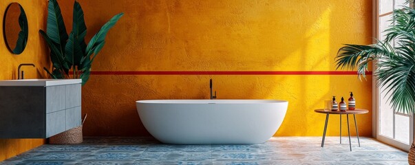 Modern bathroom with white bathtub, vibrant yellow walls, and stylish sink area for a fresh look