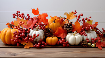 Wall Mural - Vibrant Fall Pumpkin and Berry Display with Pine Cones and Autumn Leaves