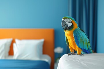 Wall Mural - A colorful parrot perched on a white pillow