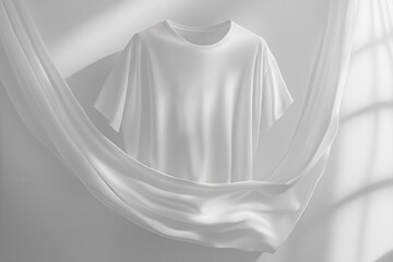 Wall Mural - minimalist white tshirt floating in ethereal void soft fabric folds catching subtle light clean lines and negative space emphasizing simplicity and versatility