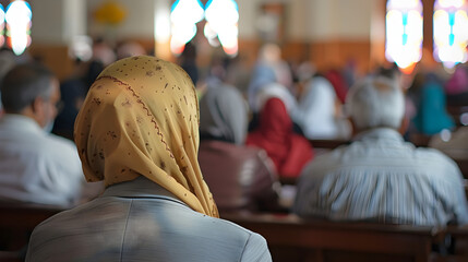 A person sitting in a brightly lit church pew during a religious service or gathering.