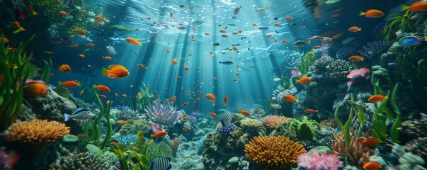 Wall Mural - Vibrant underwater scene with fish and coral, 4K hyperrealistic photo