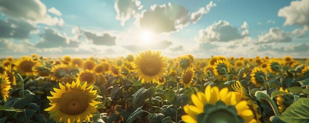 Canvas Print - Vibrant sunflower field stretching towards the horizon, 4K hyperrealistic photo