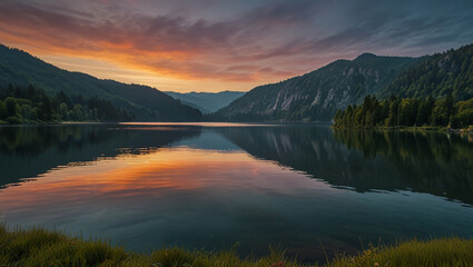 Wall Mural - sunset over the lake and mountains